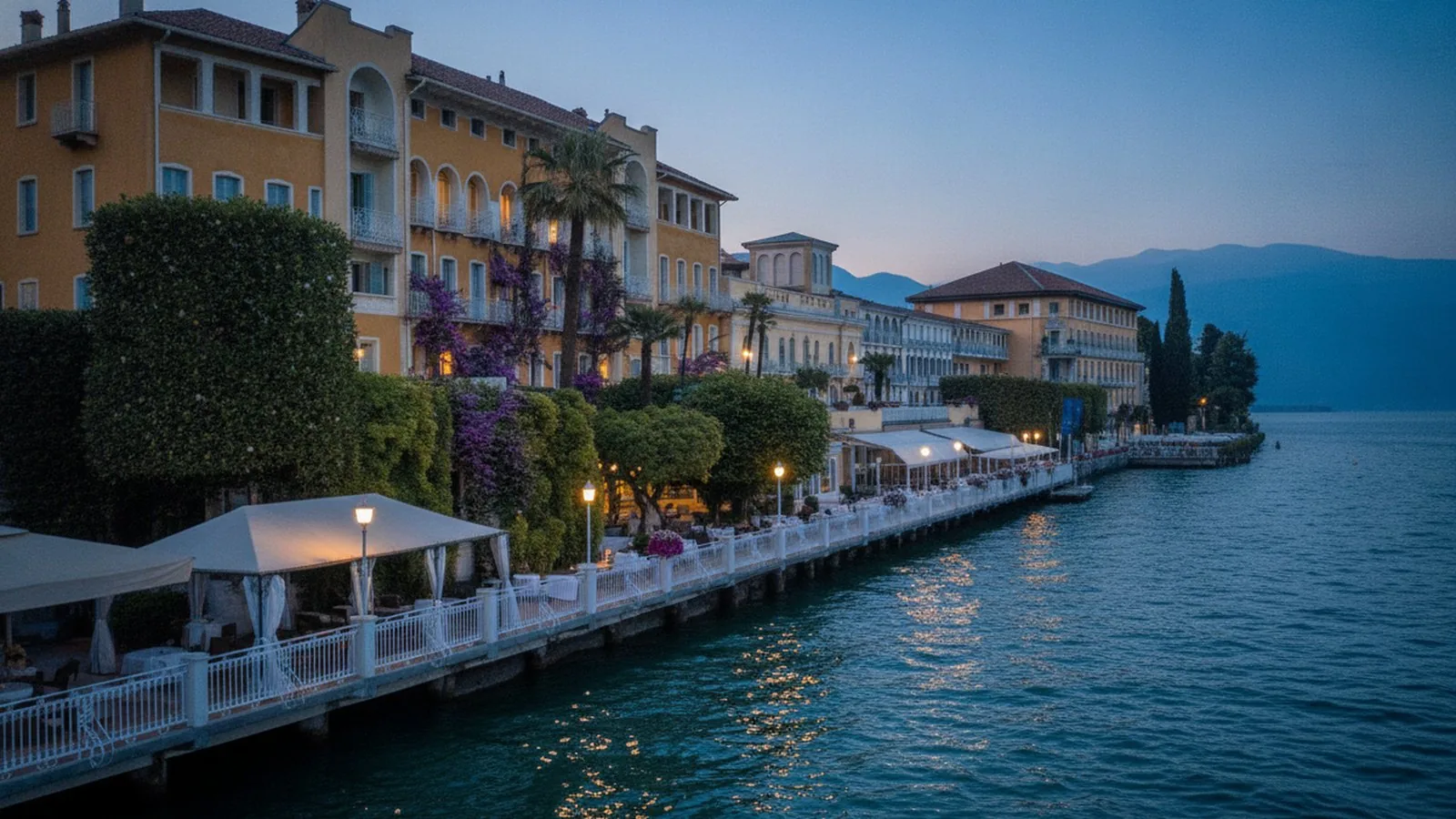Il lungolago di Gardone Riviera con gli alberghi Liberty e i giardini affacciati sull'acqua