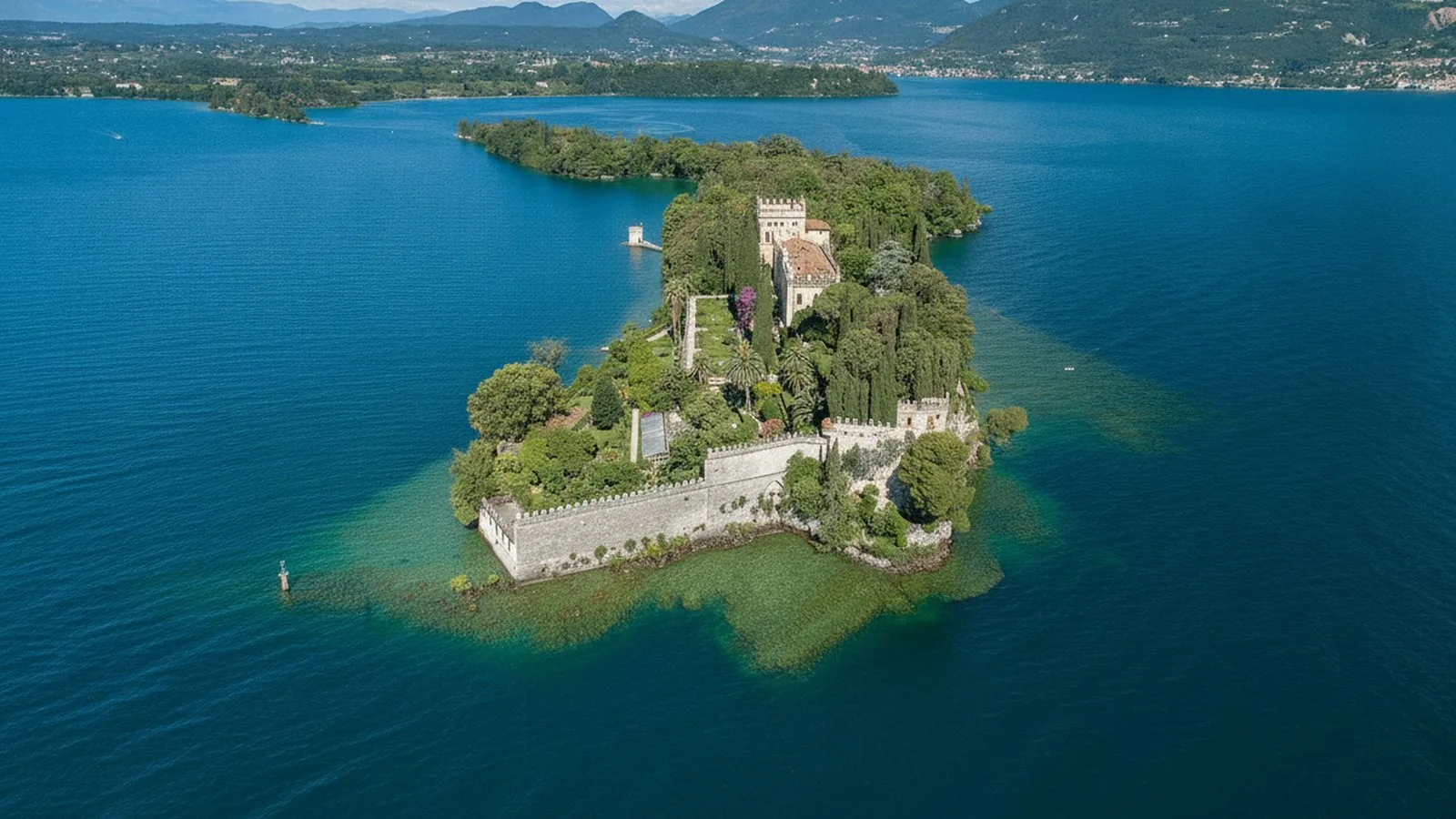 L'Isola del Garda vista dall'alto, con la villa neogotica veneziana e i giardini all'italiana