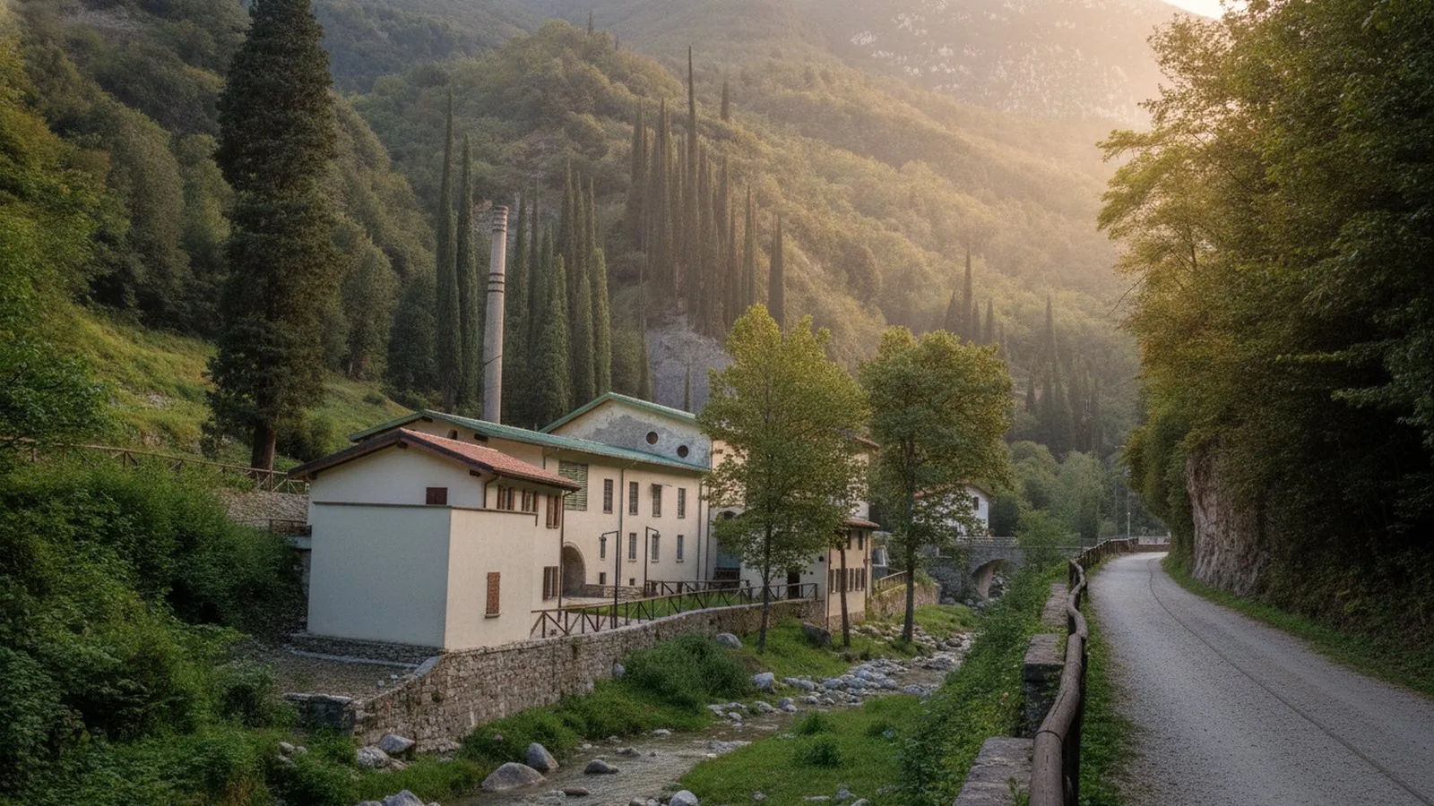 La Valle delle Cartiere di Toscolano Maderno, con un antico opificio lungo la strada nel verde